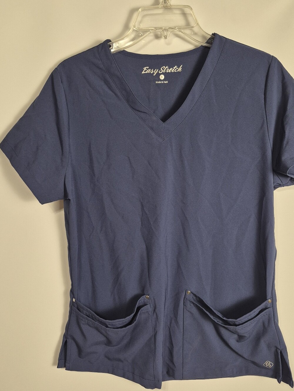 Easy Stretch Navy Blue Scrub Top W Small V-Neck Utility Pocket Medical Uniform